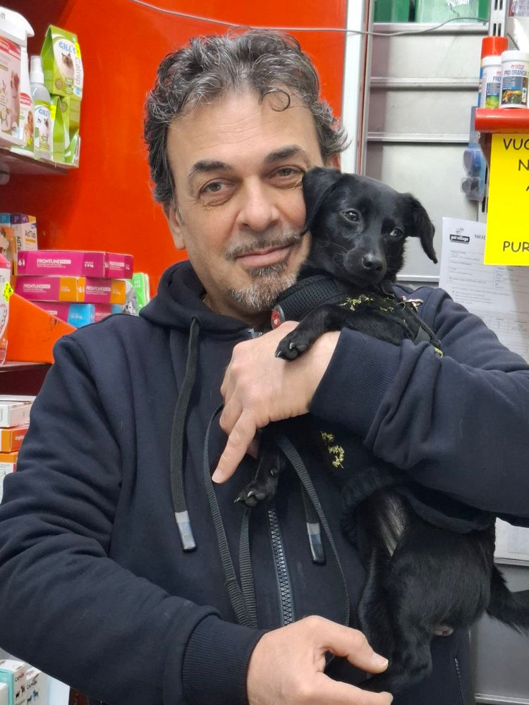 Titolare HobbyZoo con la cagnolina Sandy all’interno del pet shop di Nocera Inferiore