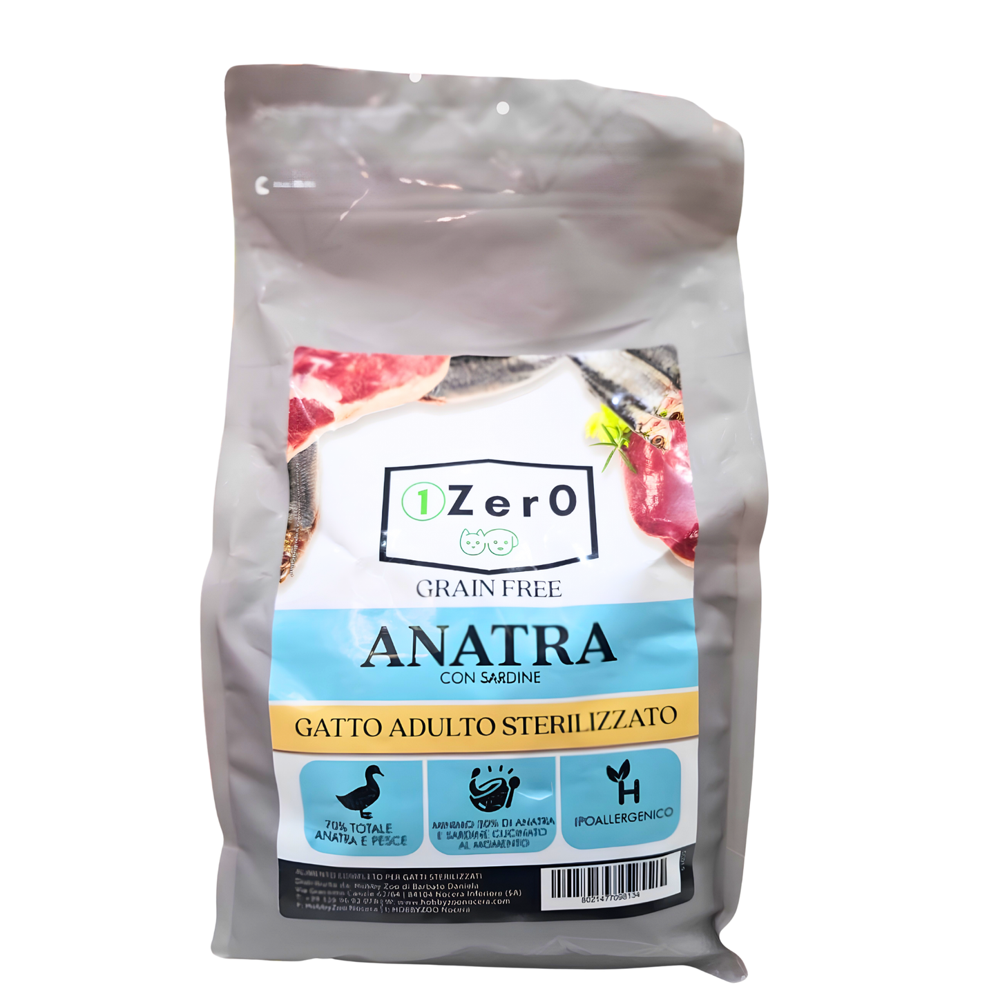 1Zer0 Grain Free Gatto Adulto Sterilizzato Anatra con Sardine 1,5 Kg
