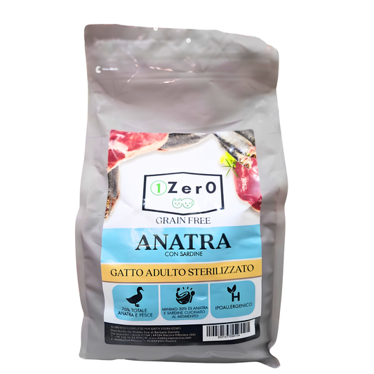 1Zer0 Grain Free Gatto Adulto Sterilizzato Anatra con Sardine 1,5 Kg