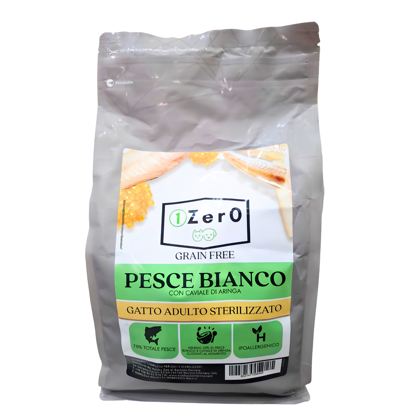 1Zer0 Grain Free Gatto Adulto Sterilizzato Pesce Bianco con Caviale di Aringa 1,5 Kg