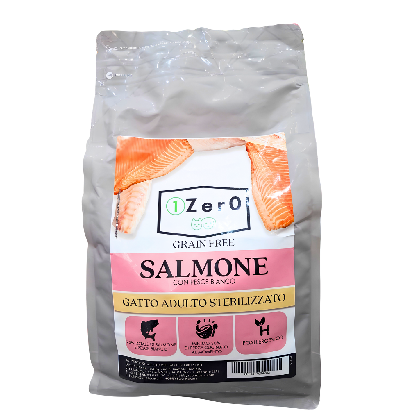 1Zer0 Gatto adulto Sterilizzato Salmone Con Pesce Bianco 1.5 Kg