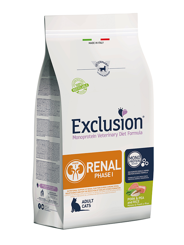 Exclusion Renal Phase 1 Gatto Maiale, Riso e Piselli 1,5 Kg