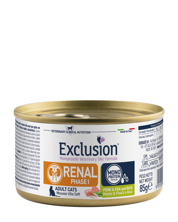 Exclusion Renal Phase 1 Lattina Gatto Maiale, Riso e Piselli 85 Gr
