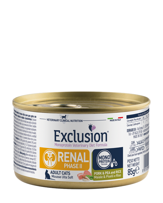 Exclusion Renal Phase 2 Lattina Gatto Maiale, Riso e Piselli 85 Gr (Copia)