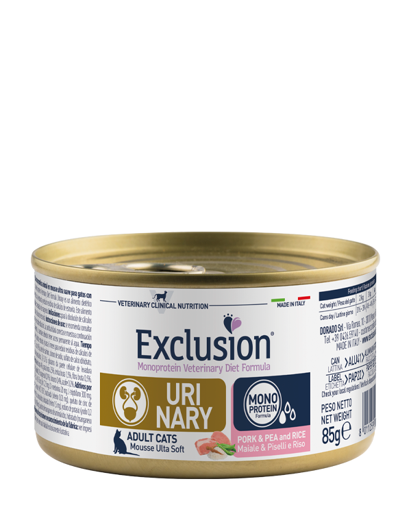 Exclusion Urinary Lattina Gatto Maiale, Riso e Piselli 85 Gr
