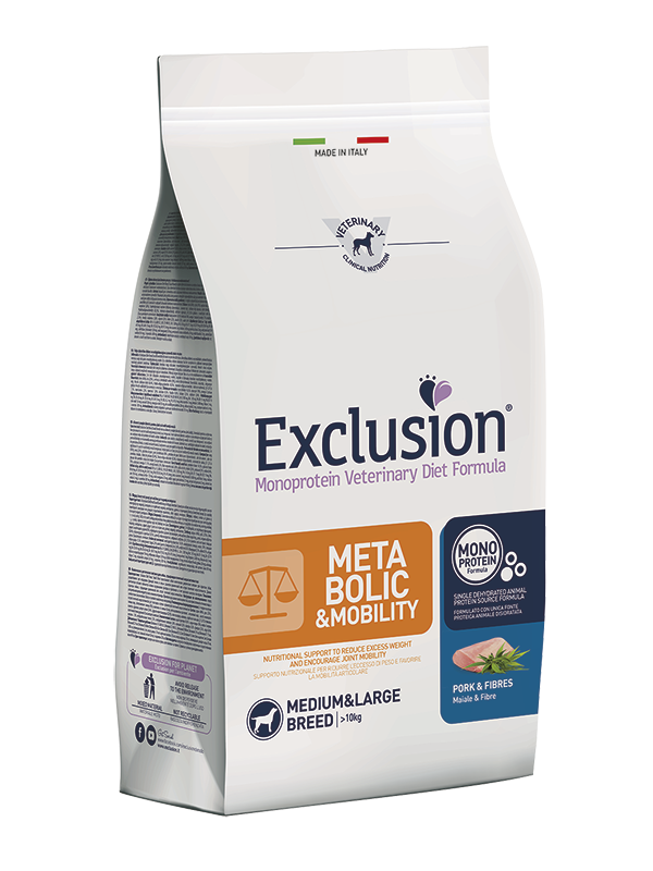 Exclusion Metabolic e Mobility Dog Medium e Large Breed Maiale E Fibre 12 Kg