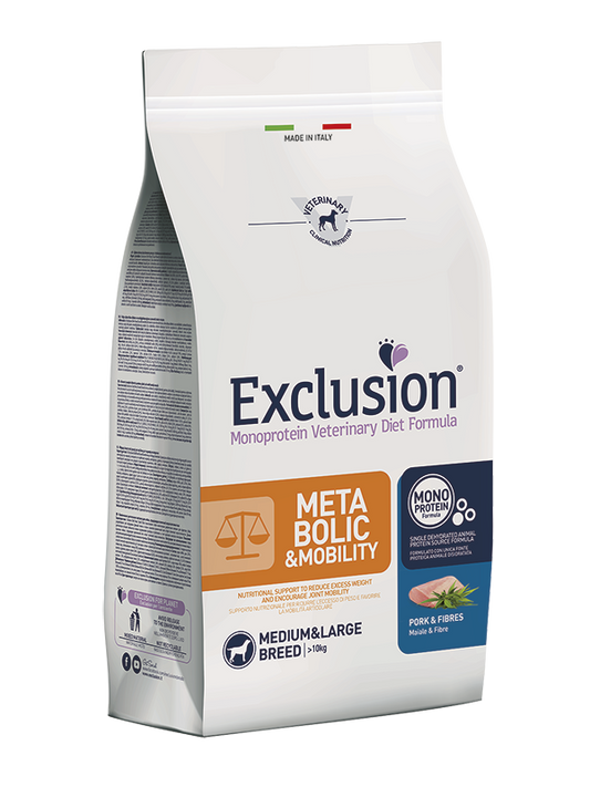 Exclusion Metabolic e Mobility Dog Medium e Large Breed Maiale E Fibre 12 Kg