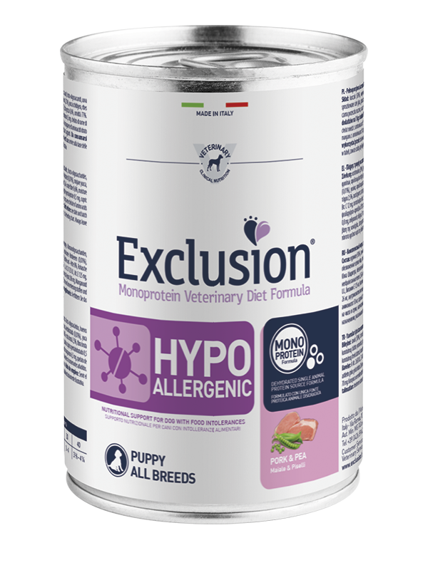 Exclusion Hypoallergenic Lattina Puppy All Breeds Maiale e Piselli Exclusion 400 gr